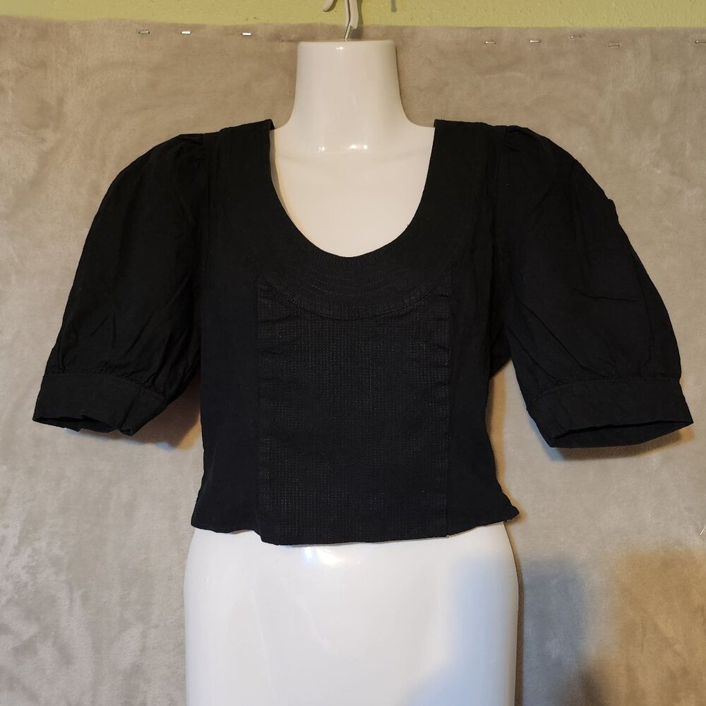 Anthropologie Black Puff Sleeve Scoop Neck & Ruche Detail Sz XXS Linen Top - Picture 5 of 9
